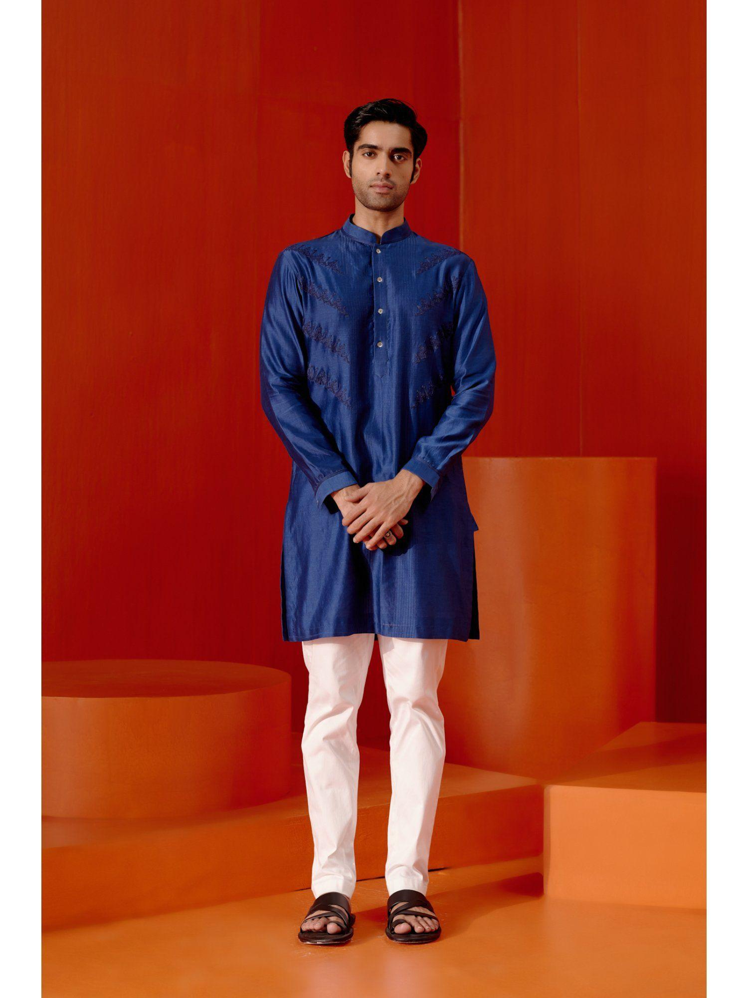 royal blue kurta with pin tucks bundi (set of 4)