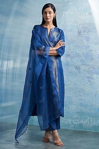 royal blue linen & cotton shimmer a-line kurta set