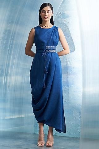 royal blue linen & cotton shimmer draped dress