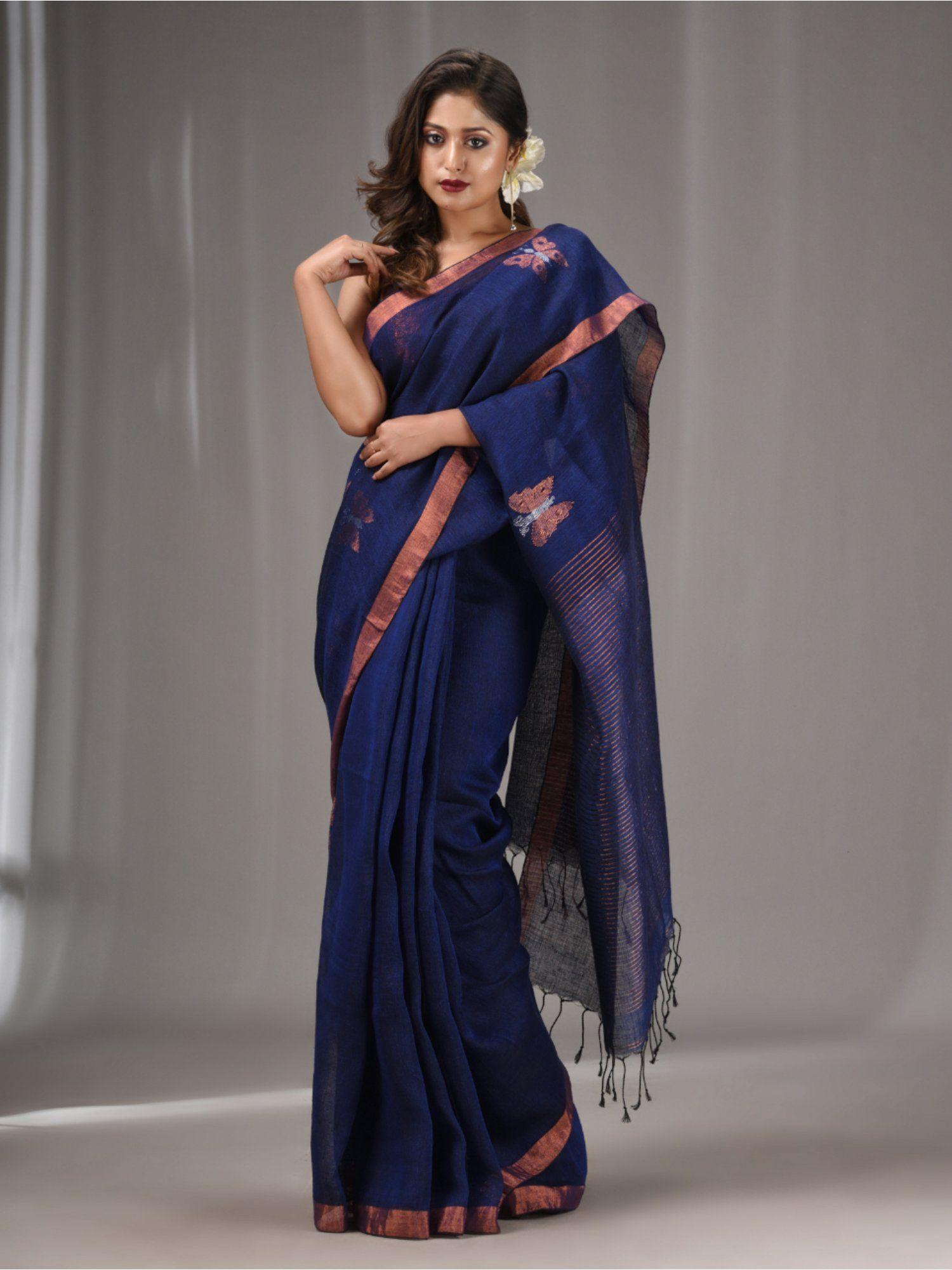 royal blue linen handwoven saree with butterfly motifs with unstitched blouse