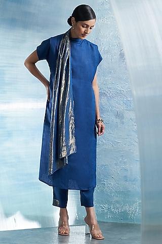 royal blue linen shimmer embellished kurta set