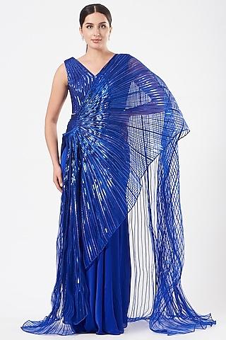 royal blue metallic saree set