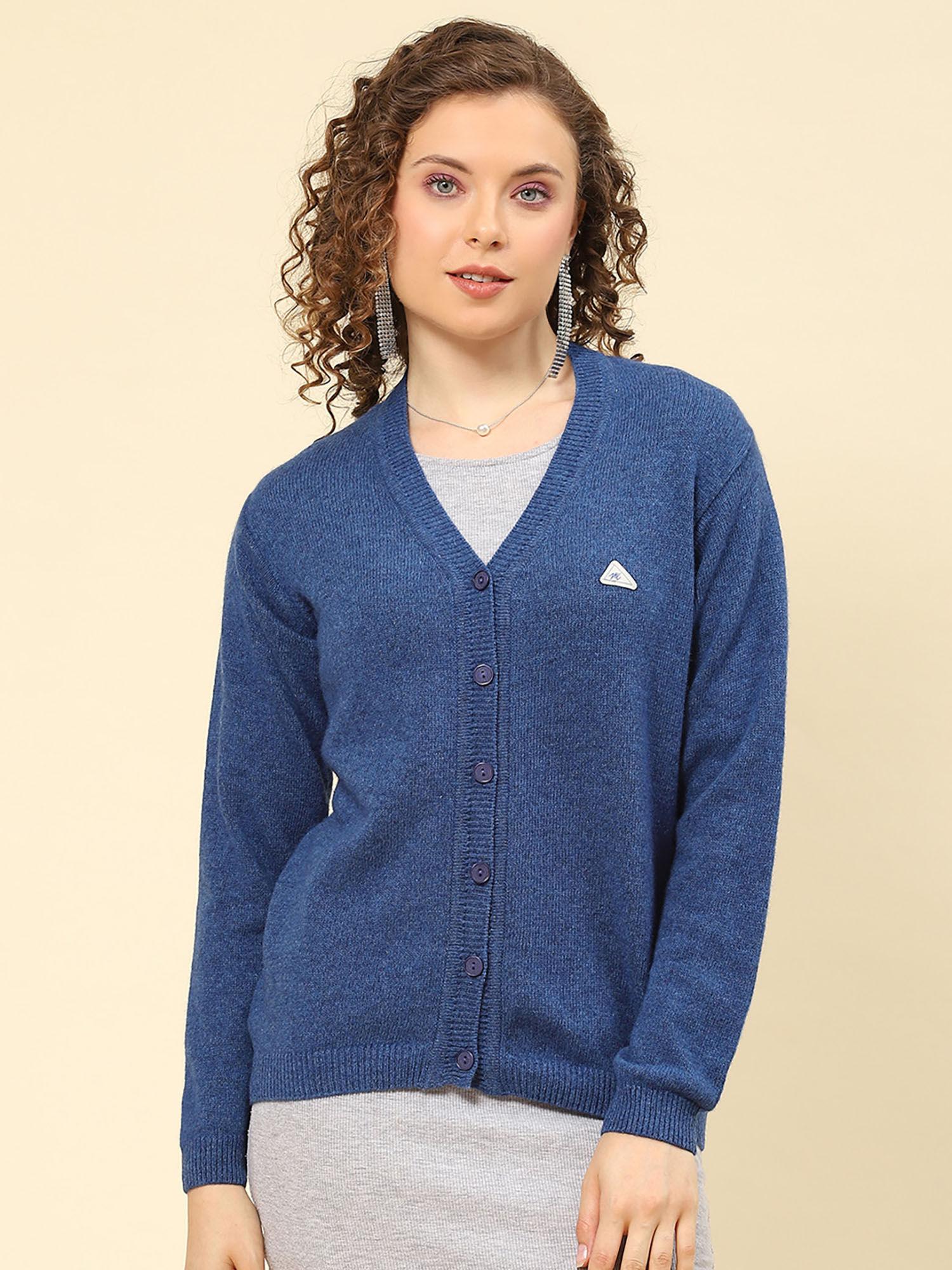 royal blue mix solid v neck cardigan