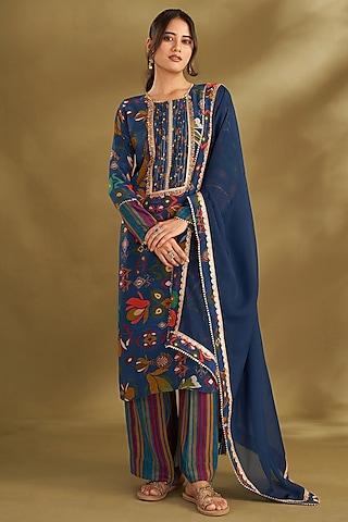 royal blue natural crepe ikat digital printed & embroidered kurta set