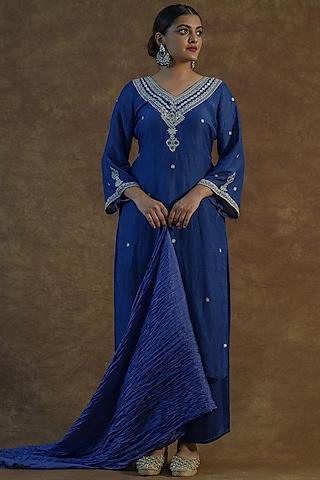 royal blue natural linen embroidered kurta set
