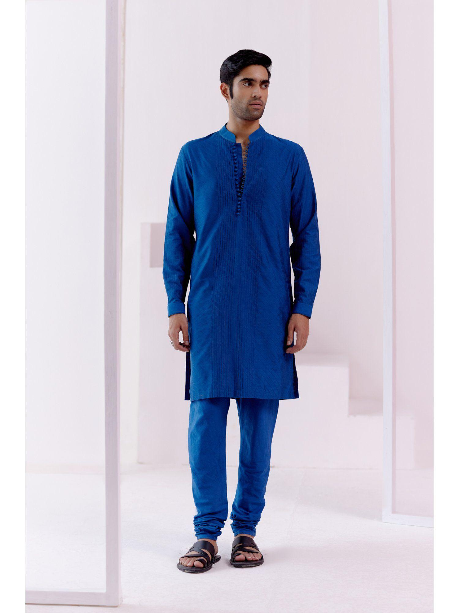 royal blue pin tucks detailed kurta (set of 2)