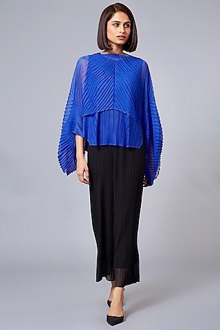 royal blue pleated top with draped shawl