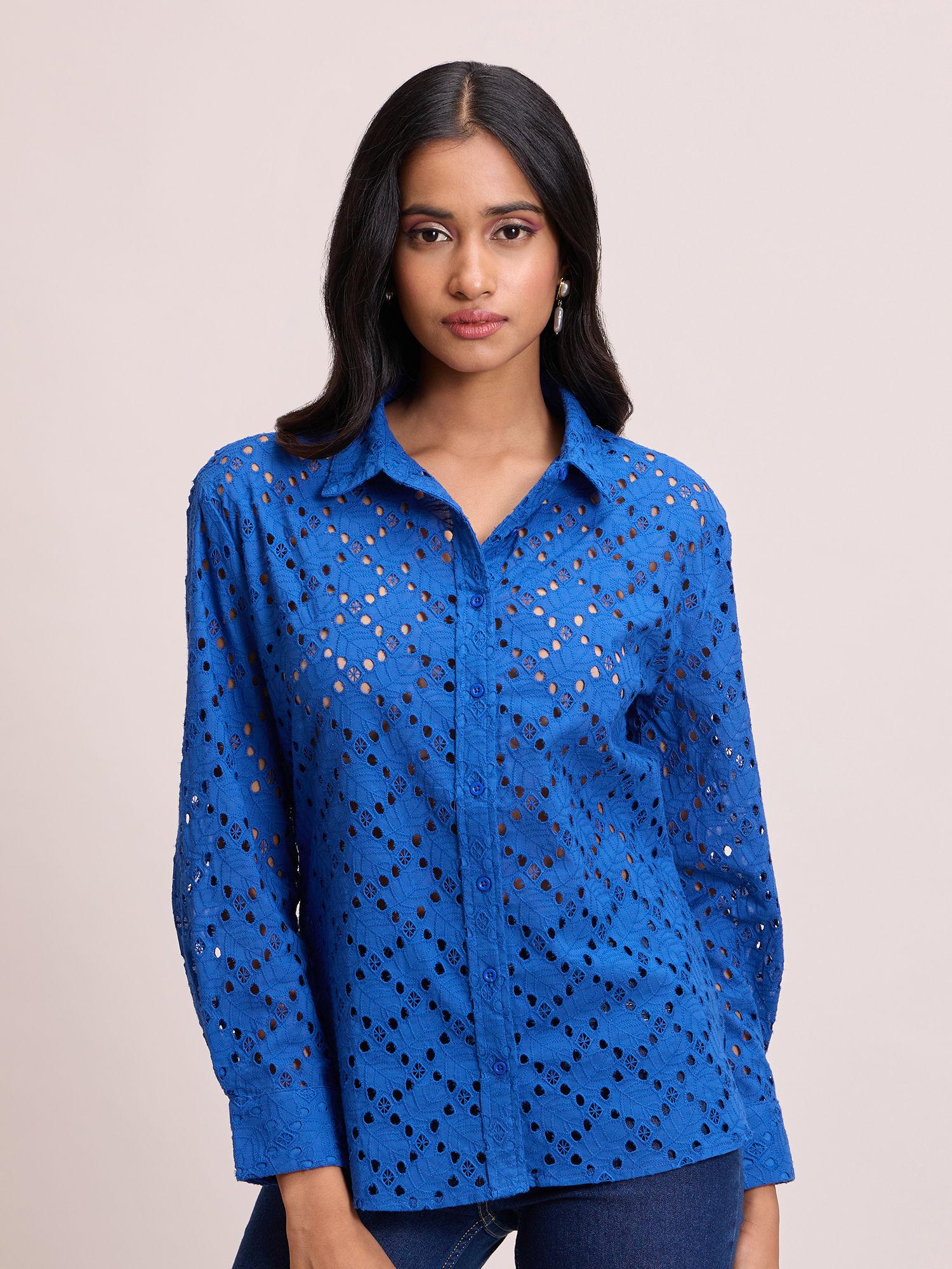 royal blue pointed collar full sleeves schiffli shirt