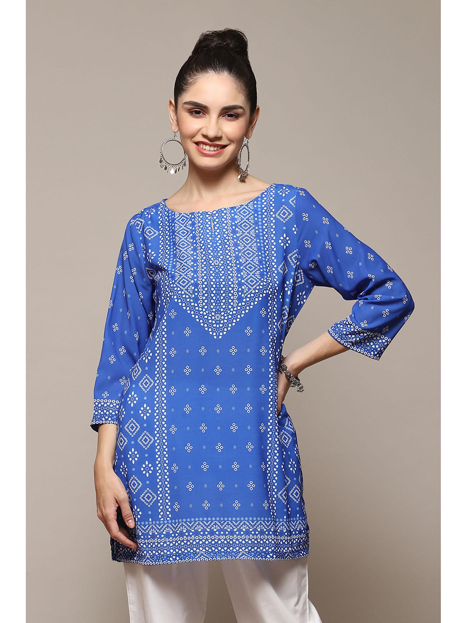 royal blue polyester straight printed kurti