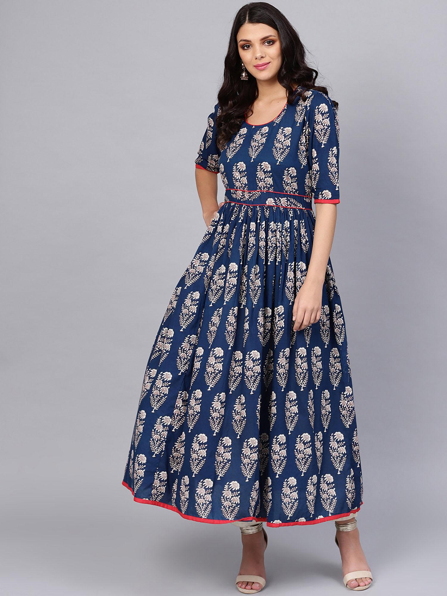 royal blue printed floor length kurta