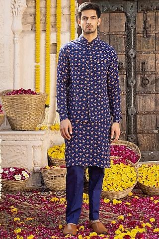 royal blue printed kurta set with nehru jacket