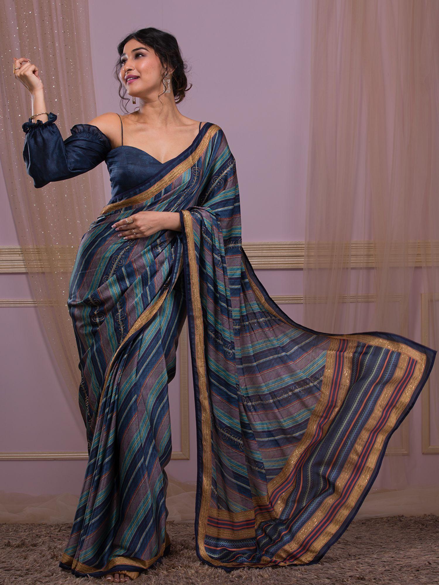 royal blue printed semi crepe saree with unstitched blouse