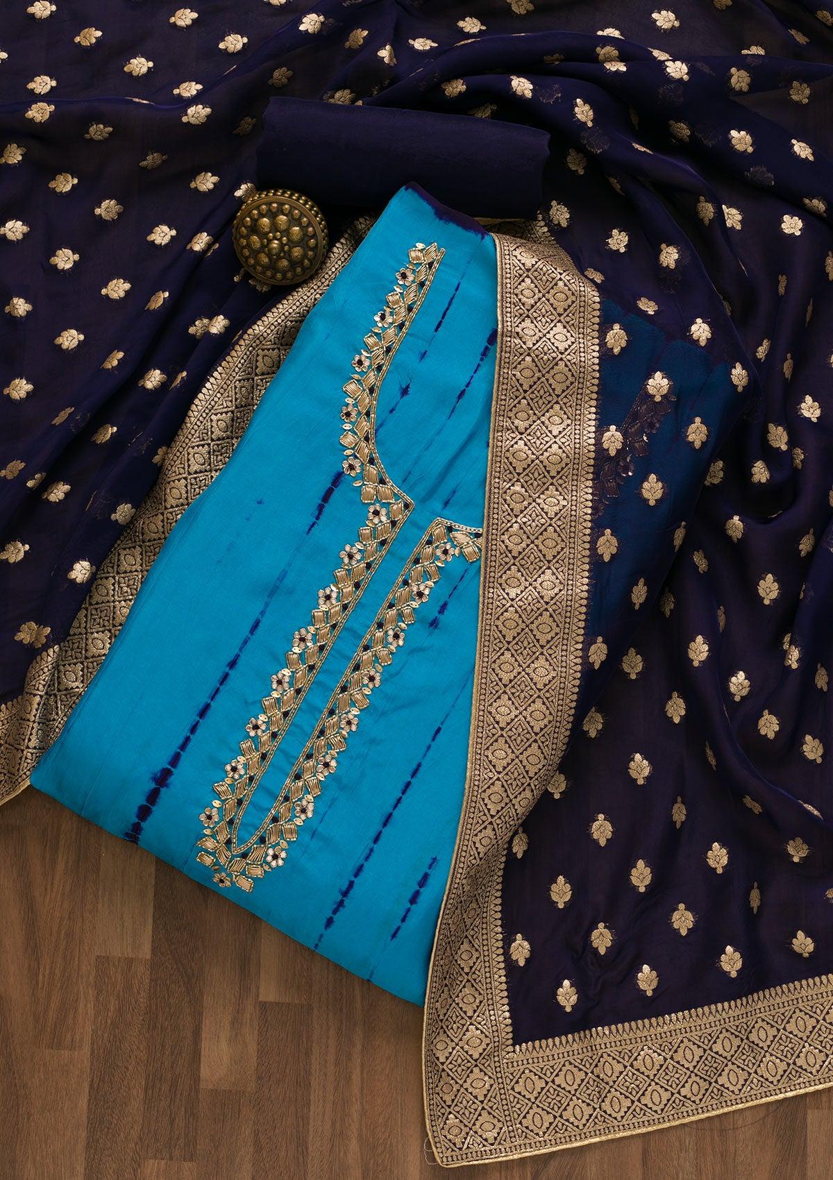 royal blue printed semi crepe unstitched salwar suit