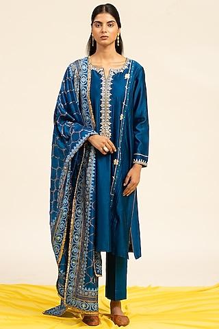 royal blue pure chanderi hand embroidered straight kurta set