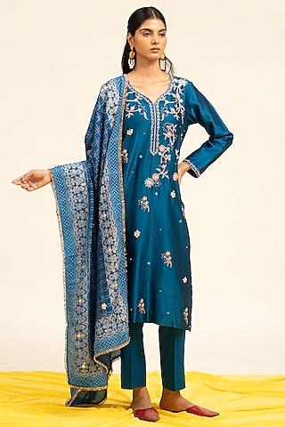 royal blue pure chanderi machine & hand embroidered kurta set