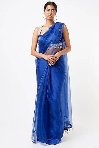 royal blue pure organza saree set
