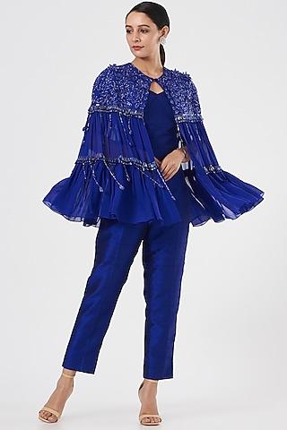 royal blue raw silk cape set