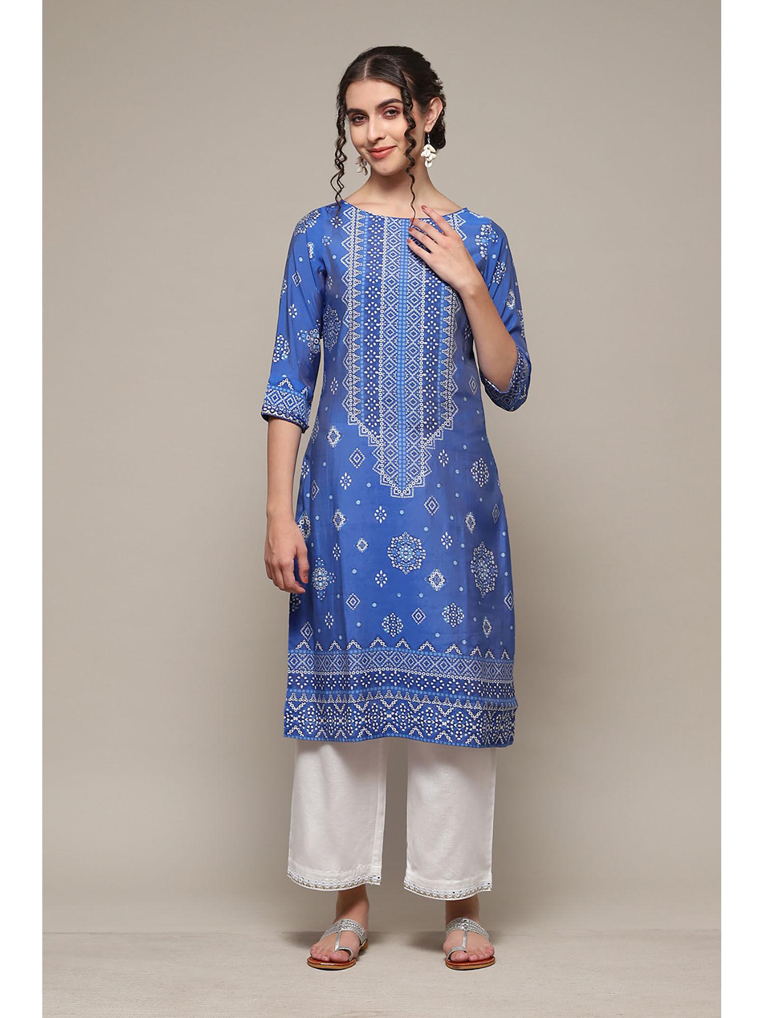 royal blue rayon straight printed kurta