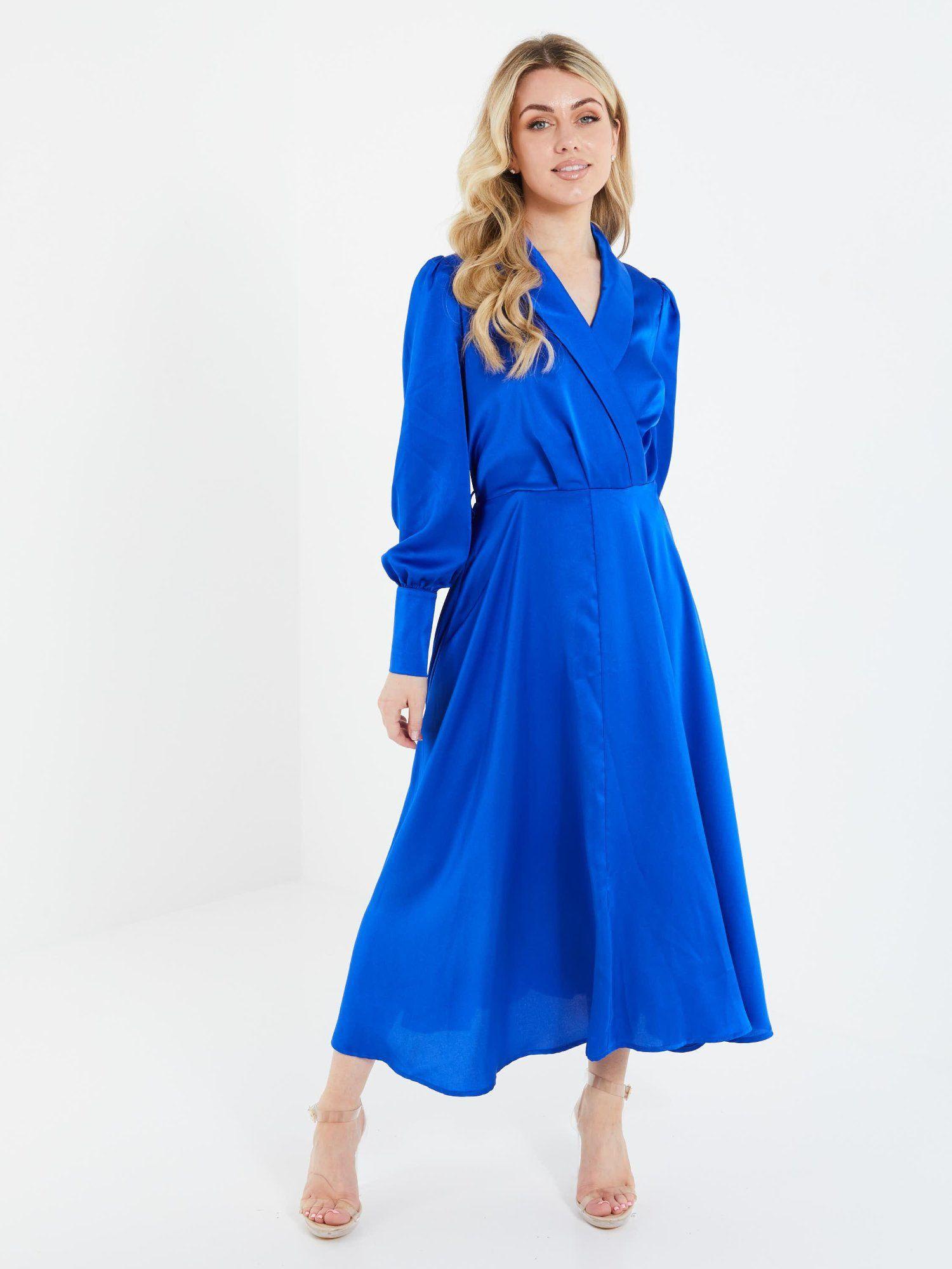 royal blue satin wrap midi dress