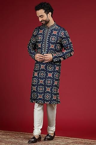 royal blue silk blend patola embroidered kurta set