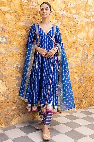 royal blue silk blend zari embroidered anarkali set