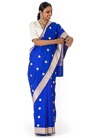royal blue silk brocade saree