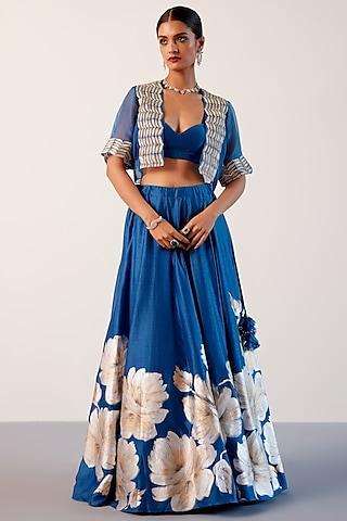 royal blue silk chanderi floral hand-painted jacket lehenga set