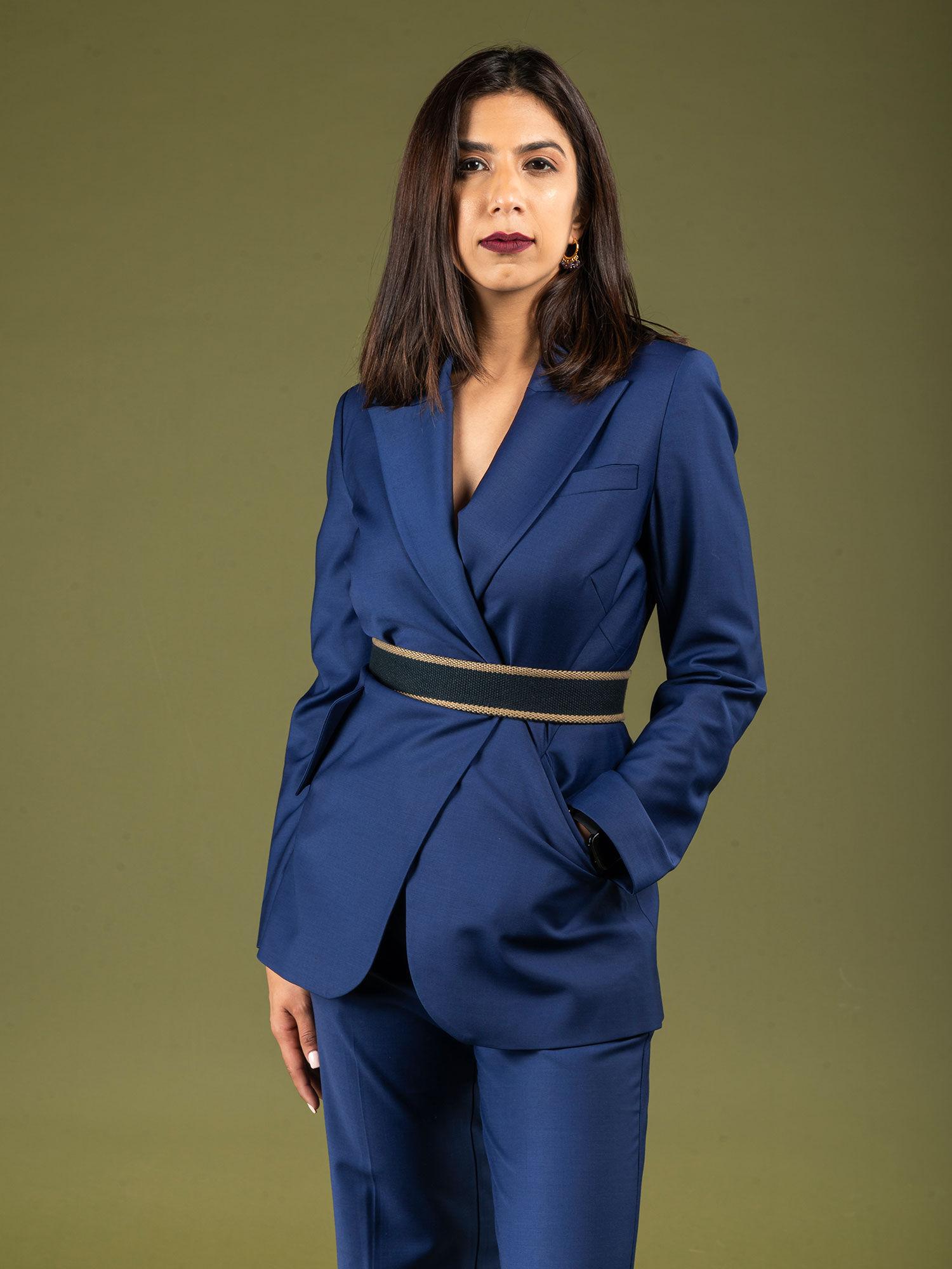 royal blue solid stretch wool tailored blazer