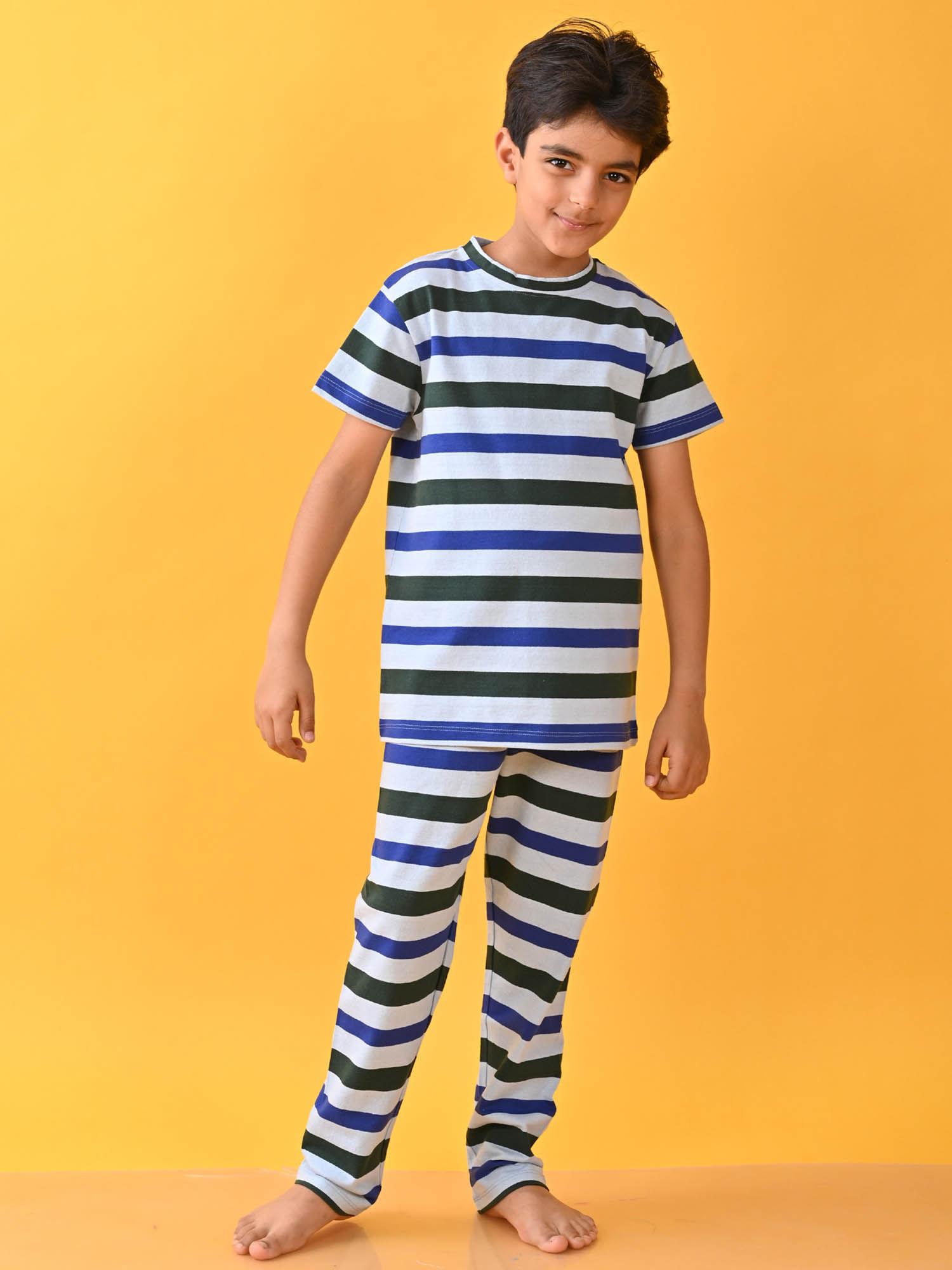 royal blue striped short sleeves t-shirt & boys pyjama (set of 2)