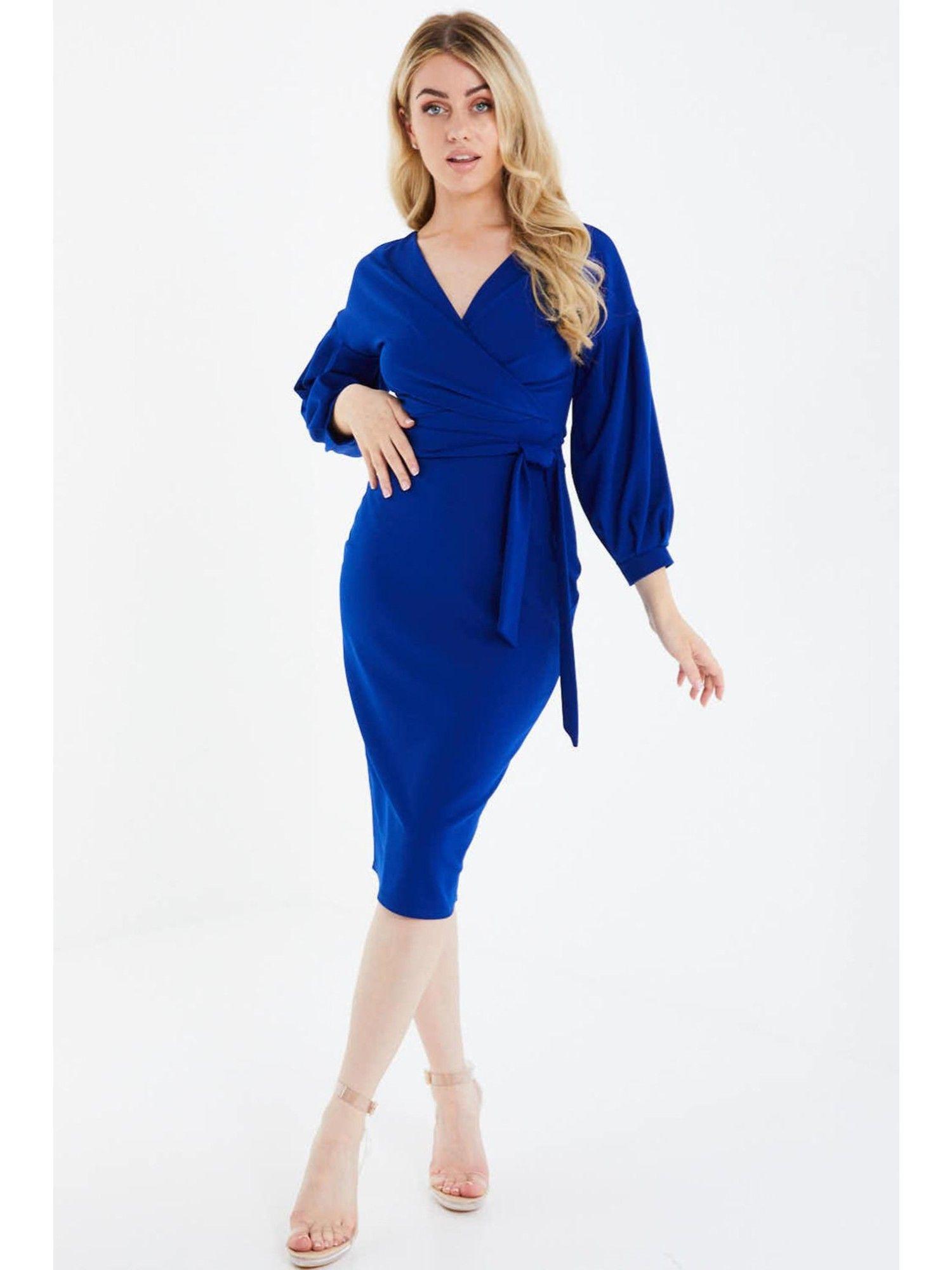 royal blue suba crepe 3/4 sleeve wrap bodycon midi dress