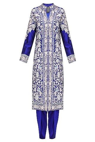 royal blue thread embroidered jacket kurta with matching dhothi pants