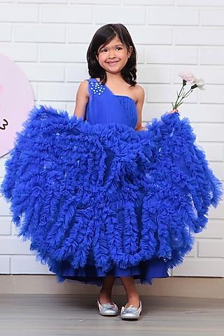 royal blue tulle & crepe one-shoulder gown for girls