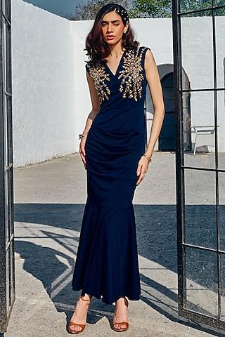 royal blue twill knit embroidered gown