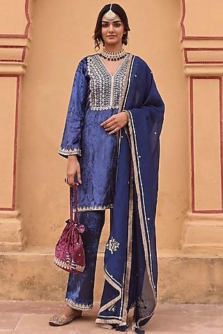 royal blue velvet cutdana embroidered short kurta set