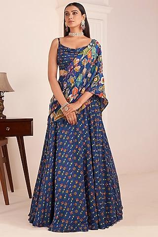 royal blue viscose crepe digital printed lehenga saree set