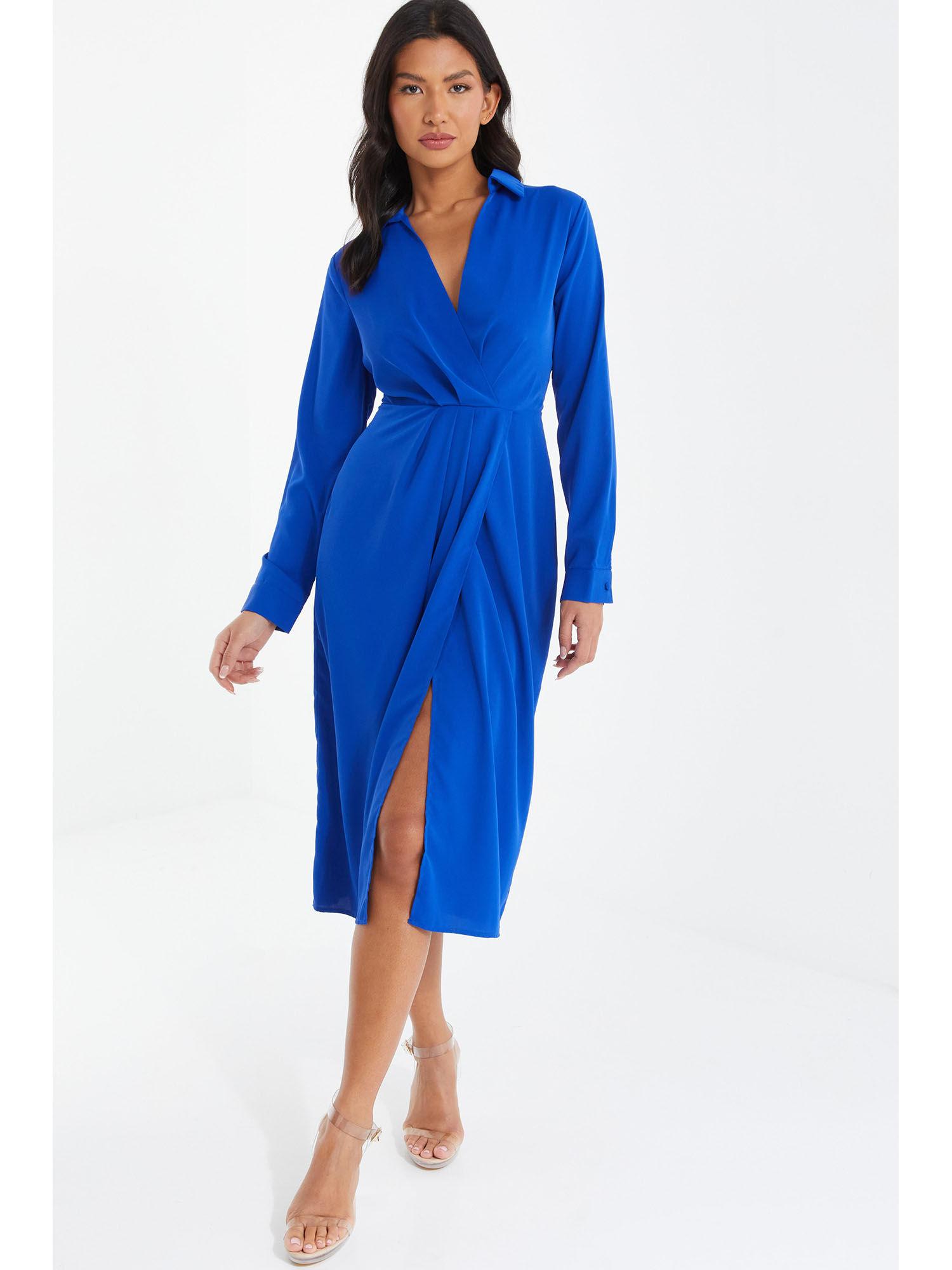 royal blue woven crepe collar shirt midi dress