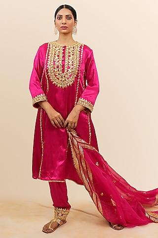 royal cerise mashru silk gota & sequins hand embroidered kurta set