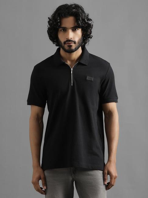 royal enfield black regular fit textured polo t-shirt