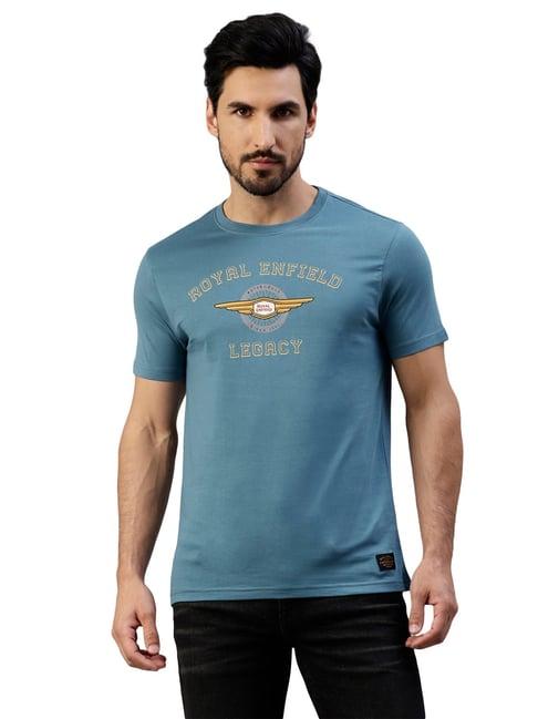 royal enfield heritage blue regular fit printed crew t-shirt