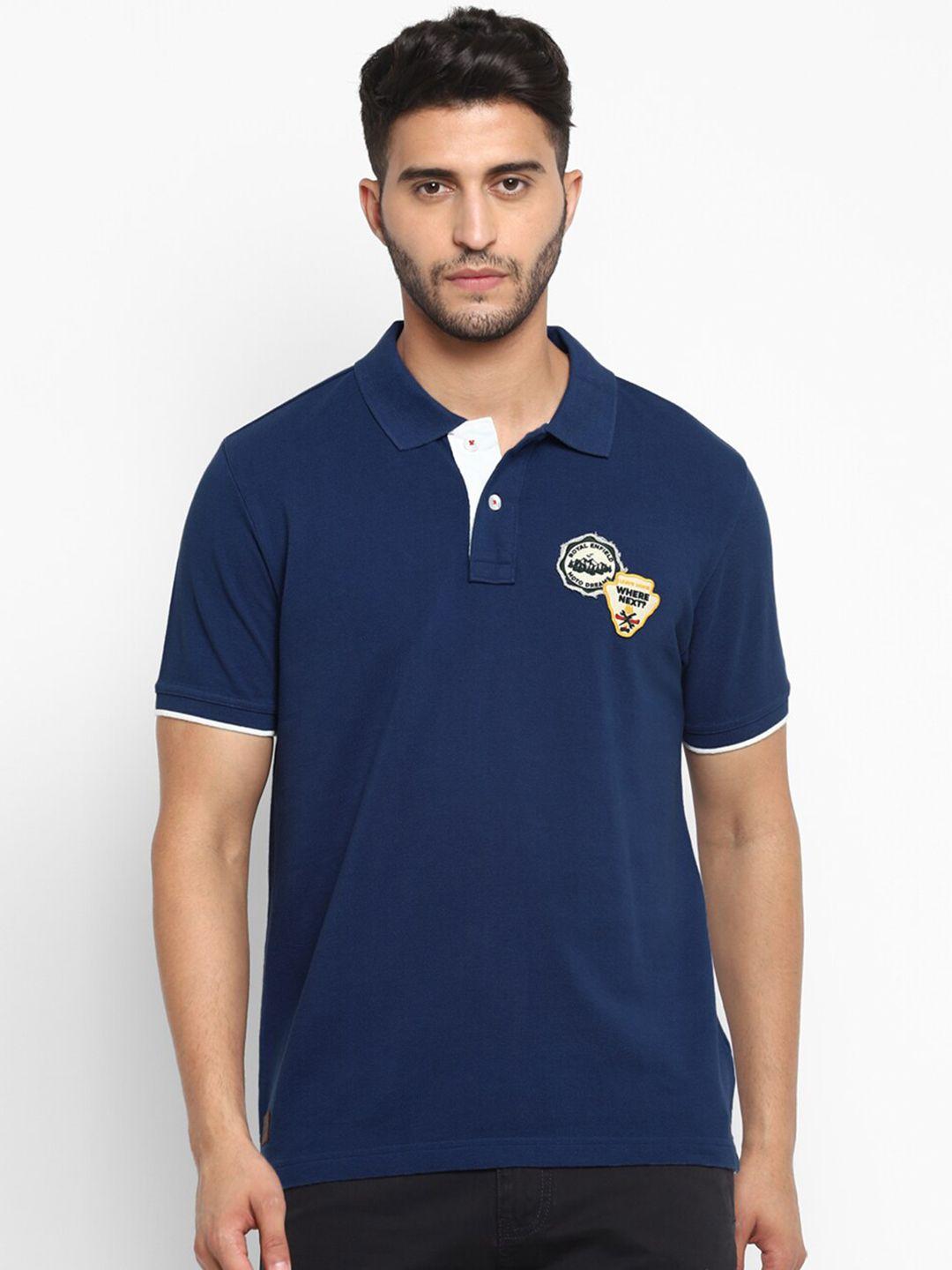 royal enfield men blue polo collar applique t-shirt