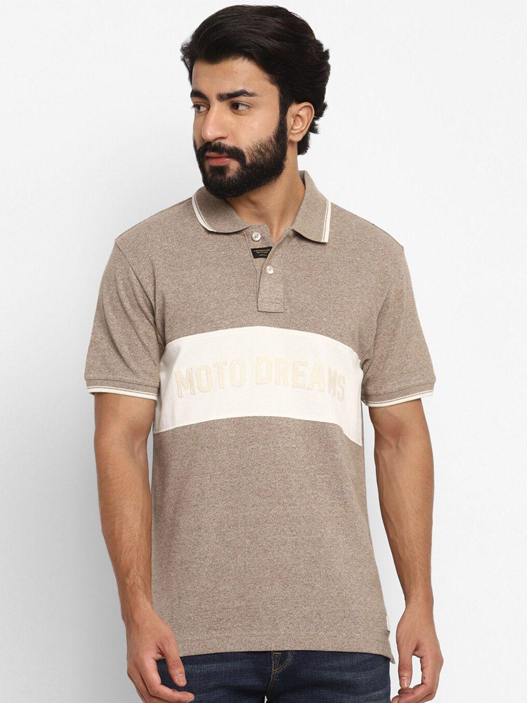 royal enfield men brown colourblocked polo collar cotton t-shirt