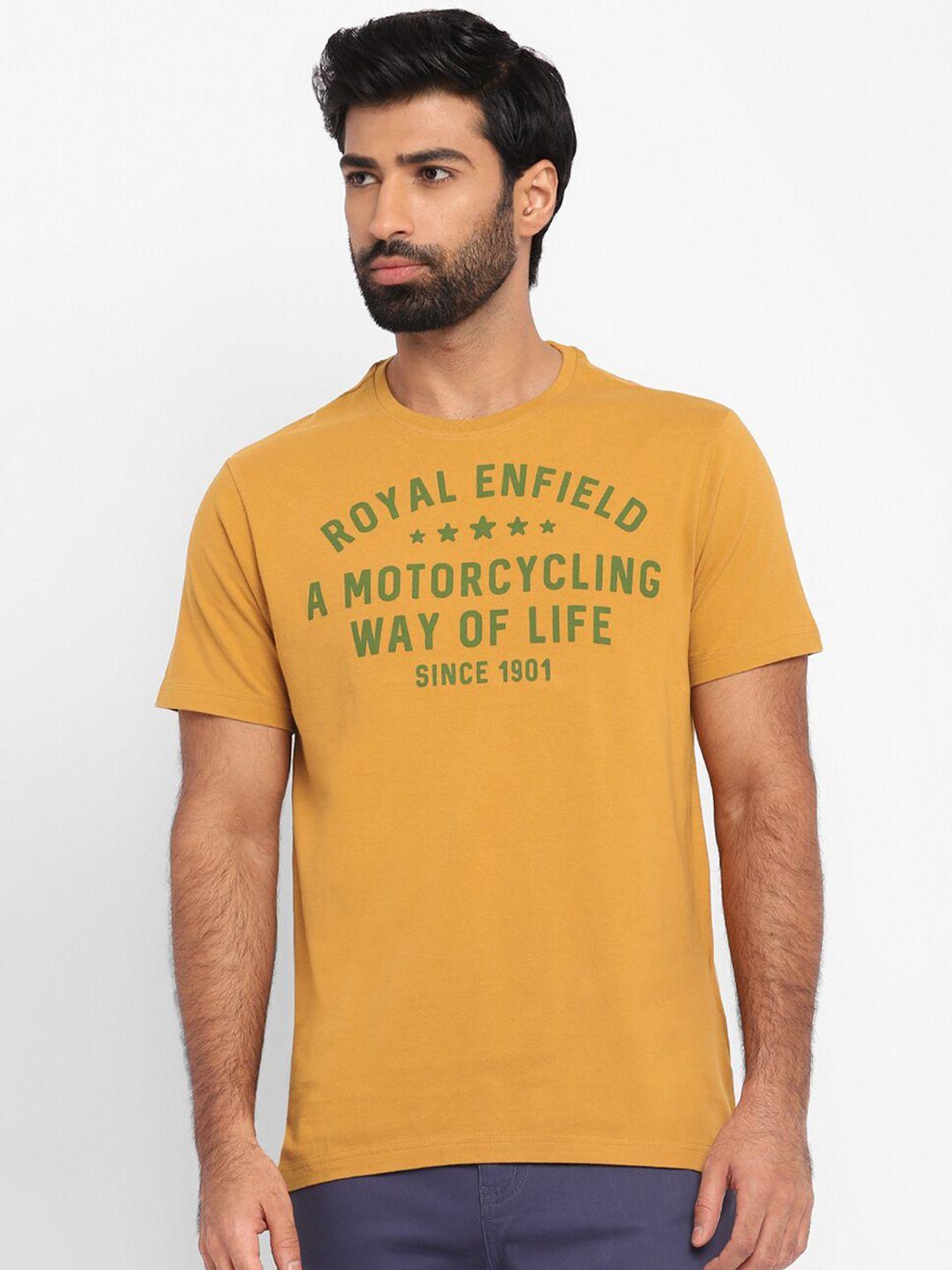 royal enfield men mustard yellow & lanzones typography printed t-shirt