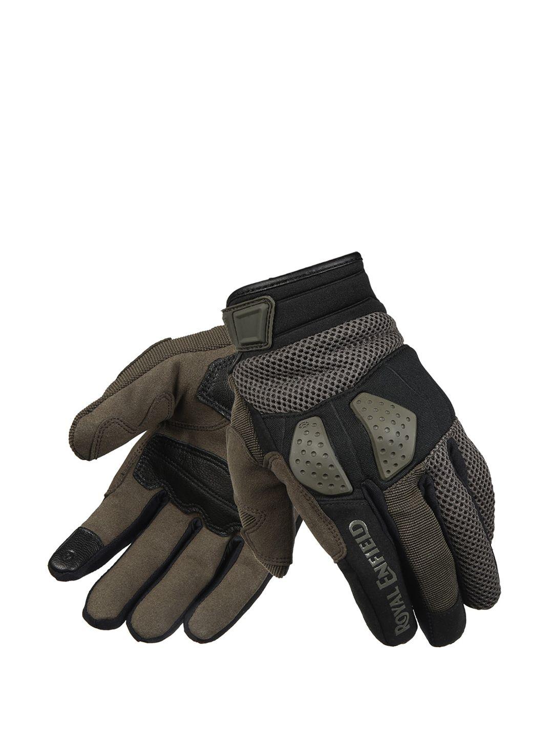 royal enfield men olive-green & black colour-blocked trailblazer gloves