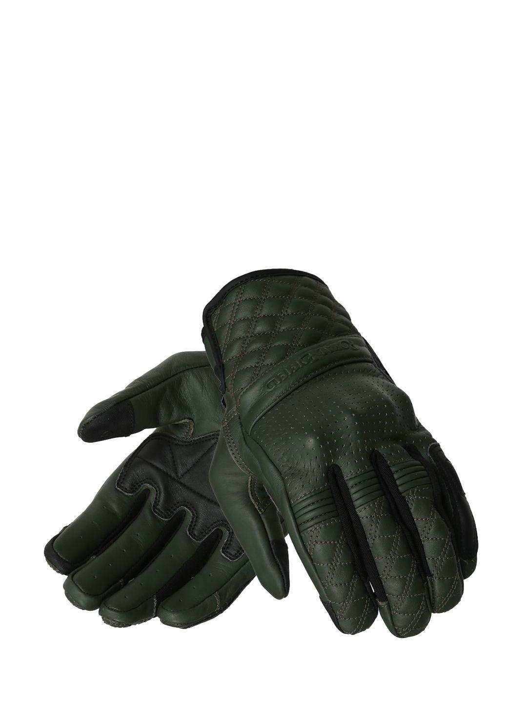 royal enfield men olive green & black solid leather bravado riding gloves