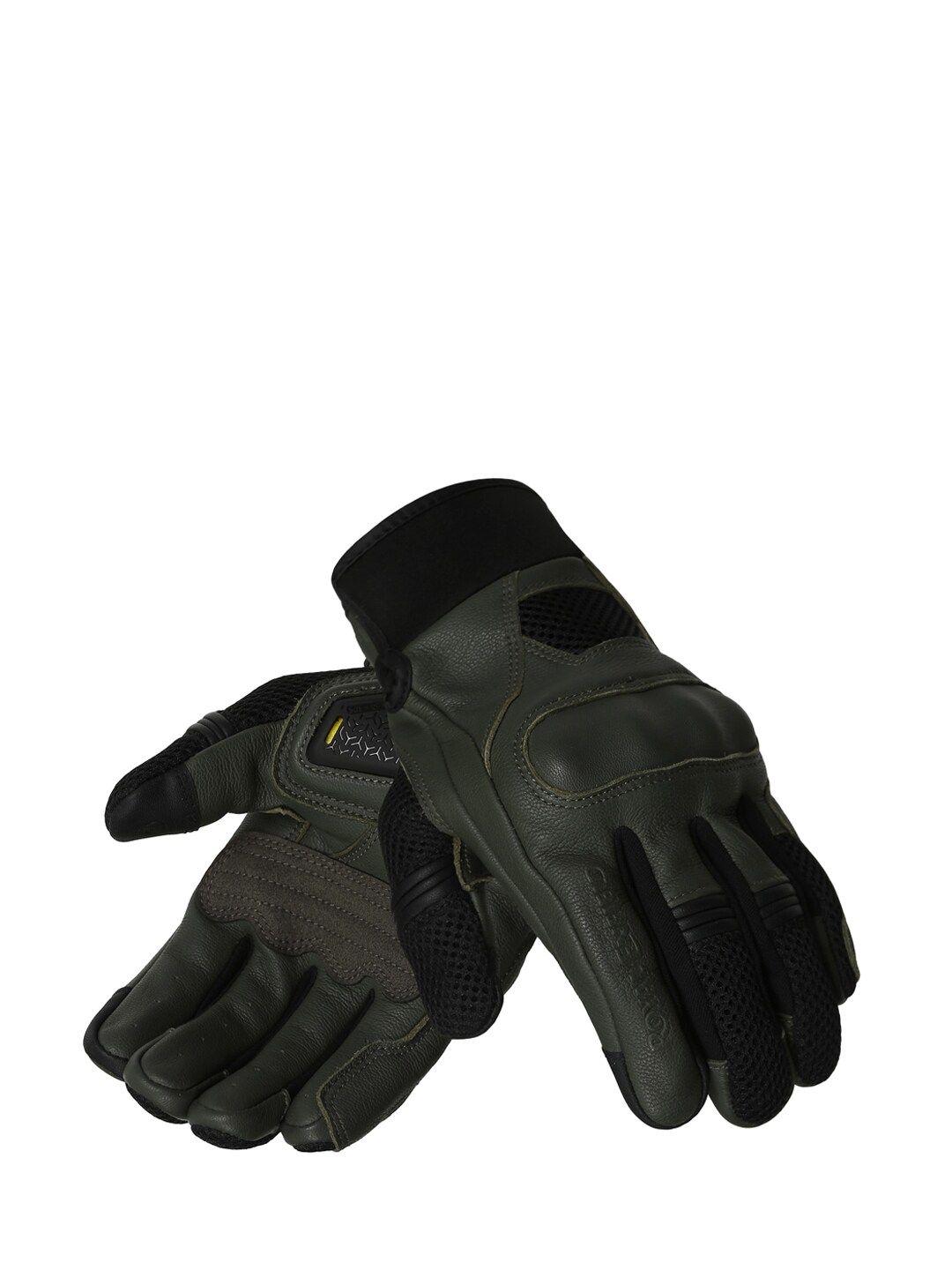 royal enfield men olive green & black solid leather roadbound riding gloves