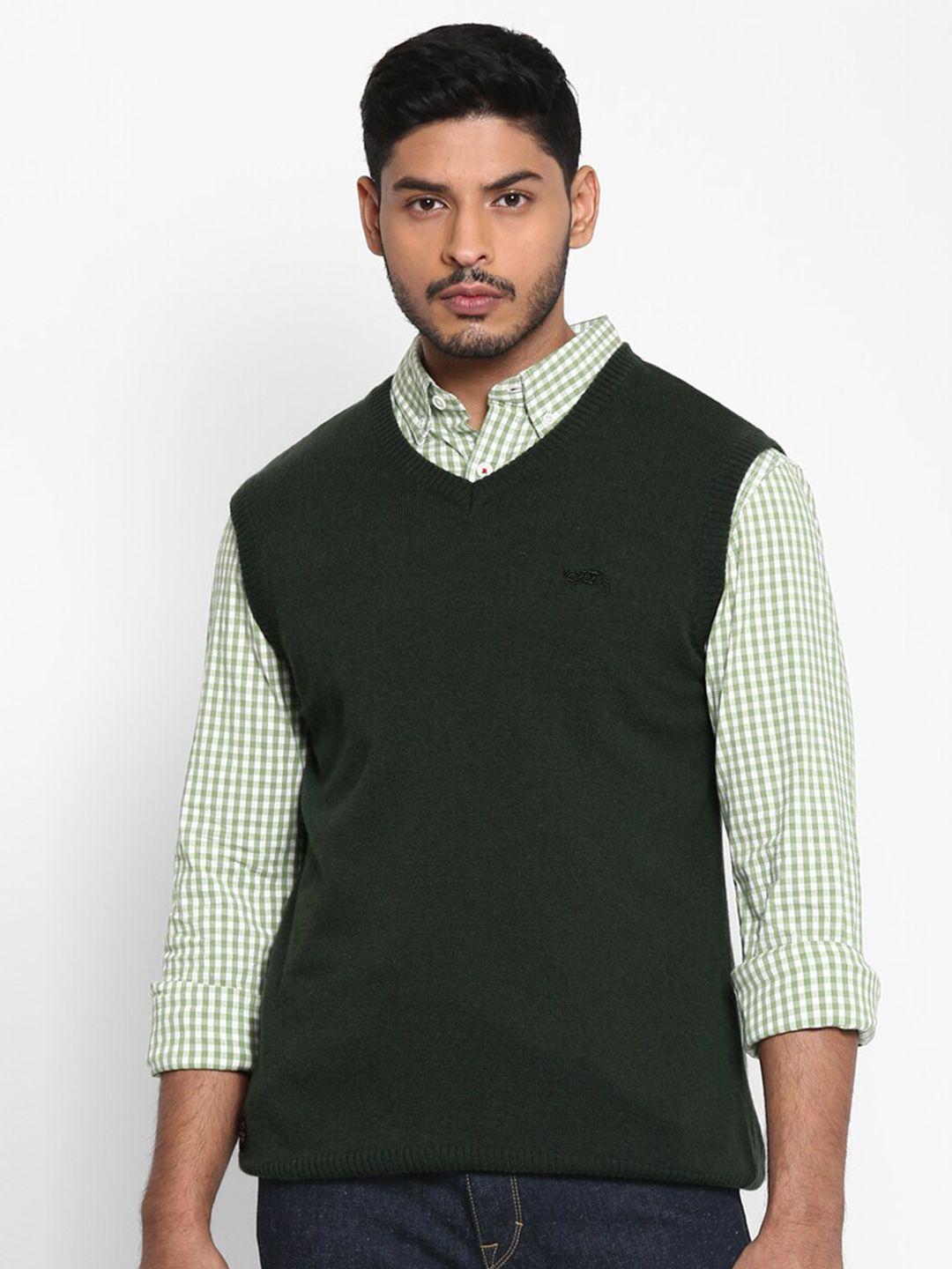 royal enfield men olive green woolen v-neck sweater vest