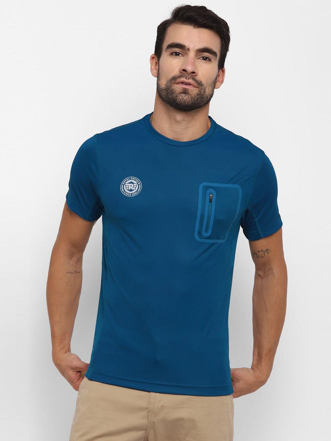 royal enfield men teal blue brand logo printed t-shirt