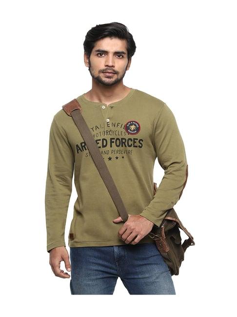 royal enfield olive printed henley t-shirt