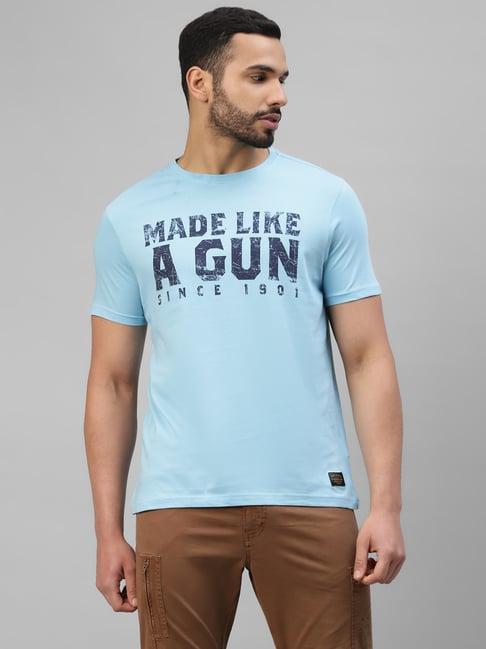 royal enfield sky blue regular fit made like a gun print t-shirt