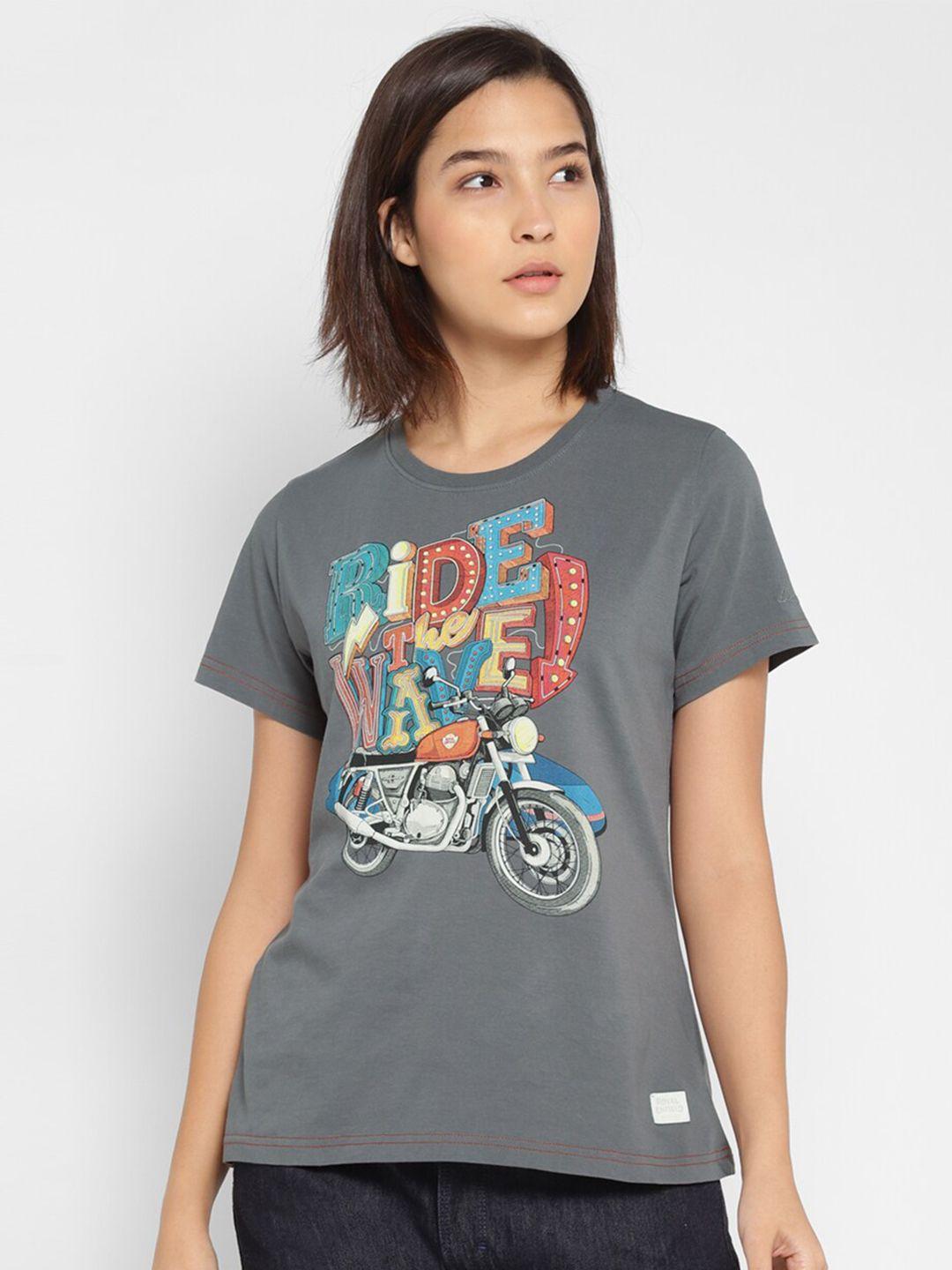 royal enfield women charcoal printed t-shirt